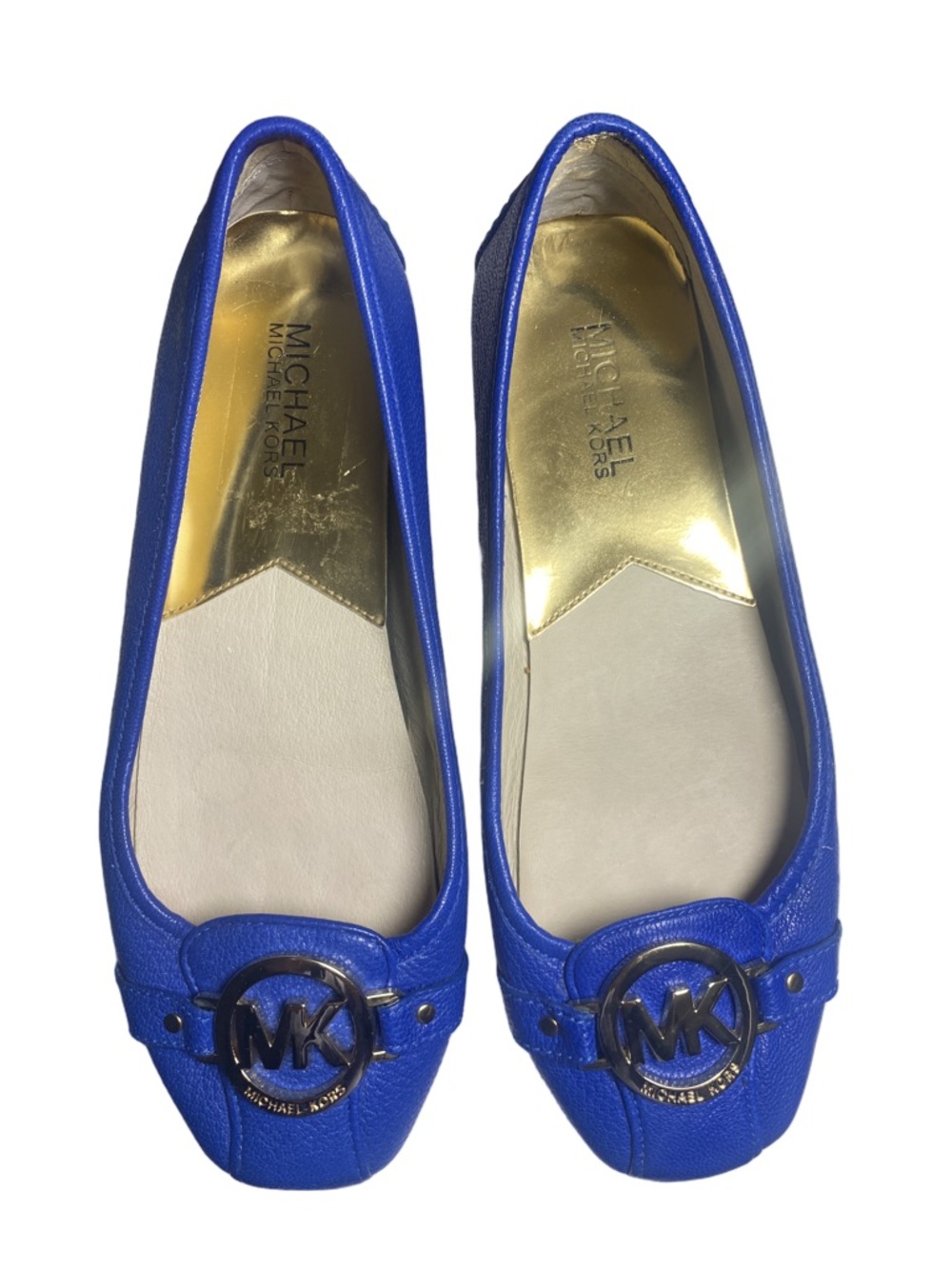 Michael Kors Fulton Moccasin Flats Electric Blue Leather Gold Logo Size 7.5